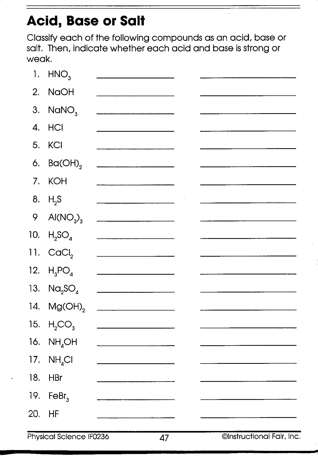 Overview Acids Bases And Salts Worksheet Answers